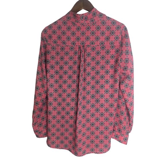 Pleione Pink & Black Geometric Print Sz M Wrap Style Blouse -Roll-tab Sleeves - Picture 6 of 10